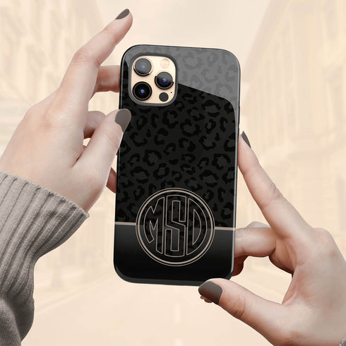 Dark Leopard Round Monogram iPhone Case